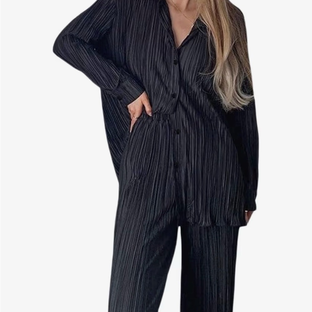 Black Pleated Button-Up Top and Wide Leg Pants Set